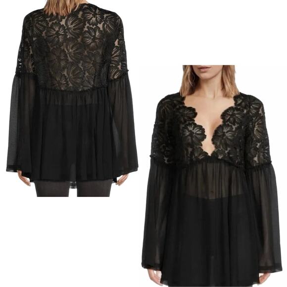 NEW Free People Magdalene Crochet Tunic Lace Top Black Small Boho Femme Goth - Picture 2 of 11